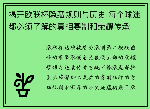 揭开欧联杯隐藏规则与历史 每个球迷都必须了解的真相赛制和荣耀传承